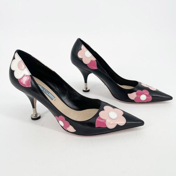 Prada Black Orchidea Nappa Leather Flower Fiori 85mm Pointed Toe Pump IT 38.5 - Picture 2 of 14